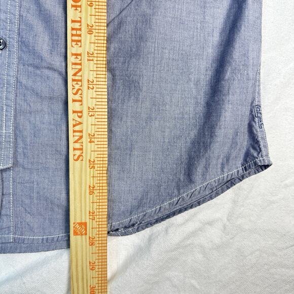 Projek Raw Shirt Mens sz M Button Up Short Sleeve Blue Embroidered Remember 1967 - Picture 8 of 11
